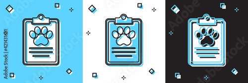 Set Clipboard with medical clinical record pet icon isolated on blue and white, black background. Health insurance form. Medical check marks report. Vector