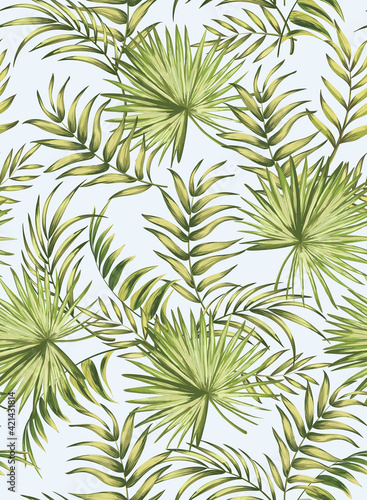 Tropical vector pattern with hibiscus  orchid  palm leaves. Exotic style. Seamless botanical print for textile  print  fabric on colored background.