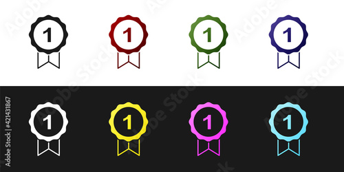 Set Dog award symbol icon isolated on black and white background. Medal with dog footprint as pets exhibition winner concept. Vector