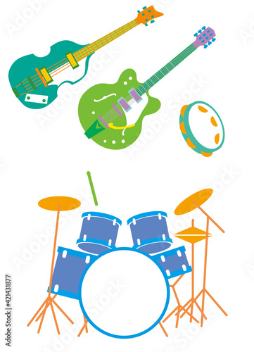 Set of musical instruments, one guitar, one bass guitar, one tambourine and drums
