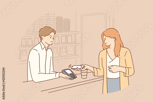 Contactless payment, online transaction concept. Young smiling woman cartoon character holding smartphone close to electronic payment machine while paying for food and drinks in cafe illustration 