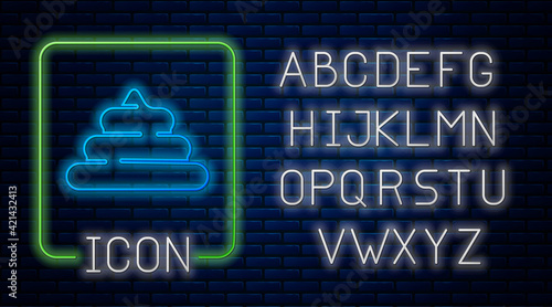 Glowing neon Shit icon isolated on brick wall background. Neon light alphabet. Vector