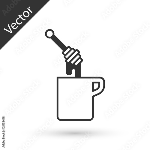 Grey Honey dipper stick with dripping honey icon isolated on white background. Honey ladle. Vector