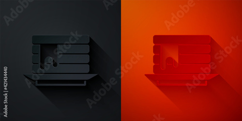 Paper cut Stack of pancakes with honey icon isolated on black and red background. Breakfast concept. Paper art style. Vector