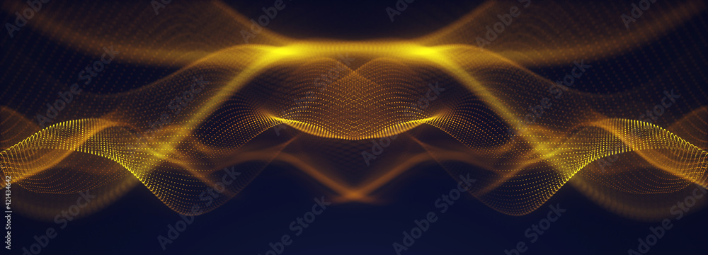 Abstract golden line wave particular background, gold light effect dot background, Neon smooth wave digital abstract background.