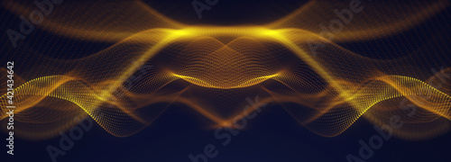 Abstract golden line wave particular background, gold light effect dot background, Neon smooth wave digital abstract background.