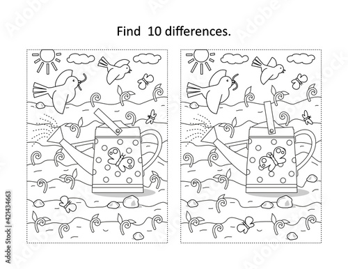 Find 10 differences visual puzzle and coloring page. Spring and gardening scene with watering can, young sprouts, birds, insects.
