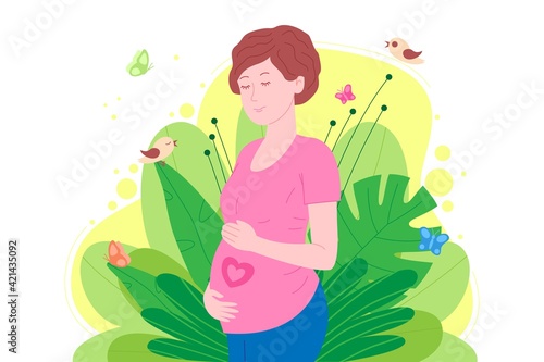 Pregnancy, motherhood concept. Pregnant and happy beautiful young woman holds her belly, which depicts a heart as a symbol of a baby in the womb. Flat cartoon vector illustration. 