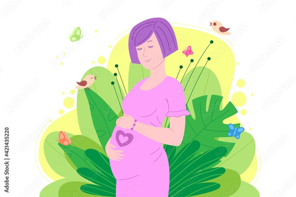 Pregnancy, motherhood concept. Pregnant and happy beautiful young woman holds her belly, which depicts a heart as a symbol of a baby in the womb. Flat cartoon vector illustration. Pregnancy, motherhood concept. Pregnant and happy beautiful young woman holds her belly, which depicts a heart as a symbol of a baby in the womb. Flat cartoon vector illustration.