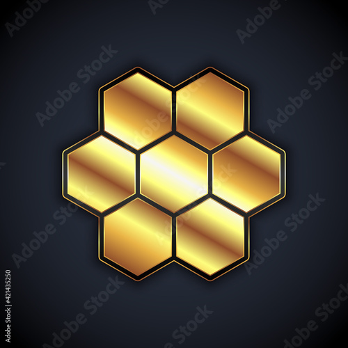 Gold Honeycomb icon isolated on black background. Honey cells symbol. Sweet natural food. Vector