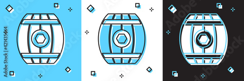 Set Wooden barrel with honey icon isolated on blue and white, black background. Vector