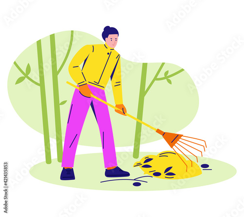 Spring work in the garden. The woman rakes the foliage with a rake. Seasonal gardening concept. Vector illustration in flat style.