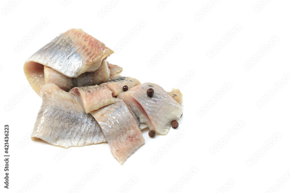 Naklejka premium Atlantic salted herring fillet isolated on white background, horizontal view