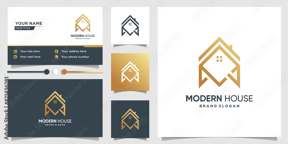 Modern house logo with line art style and business card design Premium Vector