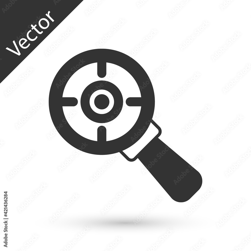Grey Target financial goal concept with magnifying glass icon isolated on white background. Symbolic goals achievement, success. Vector Grey Target financial goal concept with magnifying glass icon isolated on white background. Symbolic goals achievement, success. Vector
