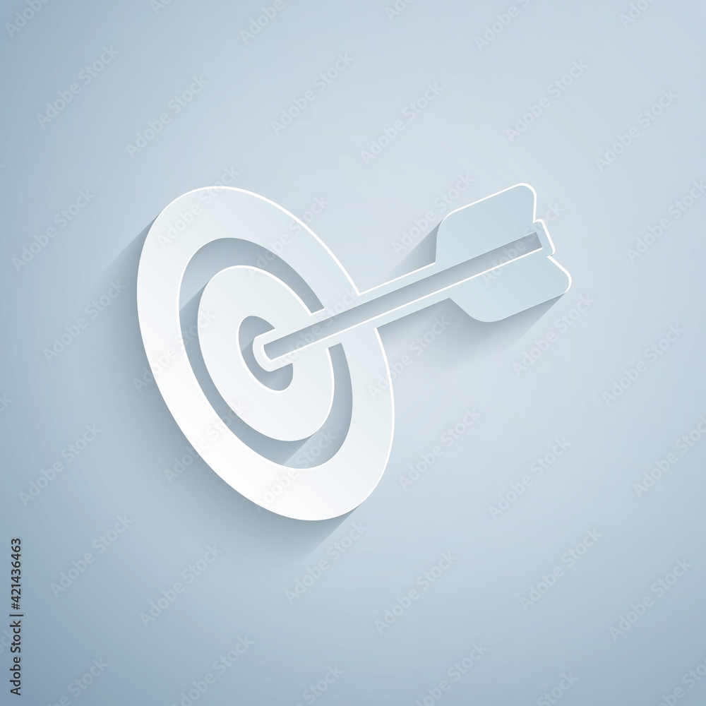 Paper cut Target financial goal concept icon isolated on grey background. Symbolic goals achievement, success. Paper art style. Vector Paper cut Target financial goal concept icon isolated on grey background. Symbolic goals achievement, success. Paper art style. Vector