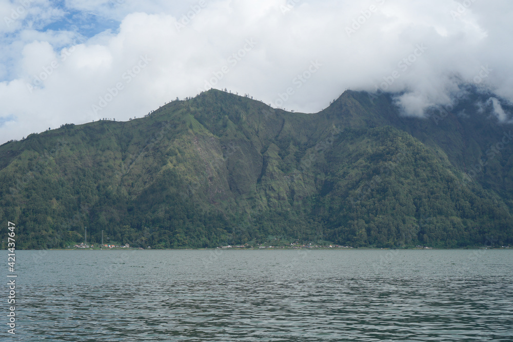View of Lake Batur which is surrounded by hills