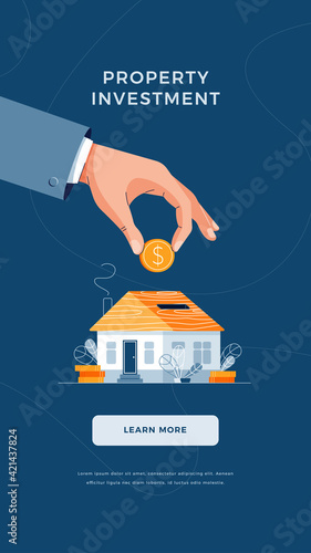 Property investment concept. Businessman's hand puts the coin into house piggy bank for real property. Putting up of money to real property for banner, web, emailing. Flat design vector illustration