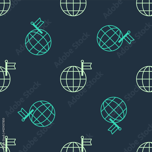 Green and beige Planet with flag icon isolated seamless pattern on blue background. Victory, winning and conquer adversity concept. Vector