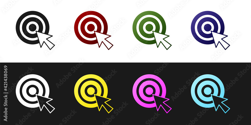 Set Target with arrow icon isolated on black and white background. Dart board sign. Archery board icon. Dartboard sign. Business goal concept. Vector Set Target with arrow icon isolated on black and white background. Dart board sign. Archery board icon. Dartboard sign. Business goal concept. Vector