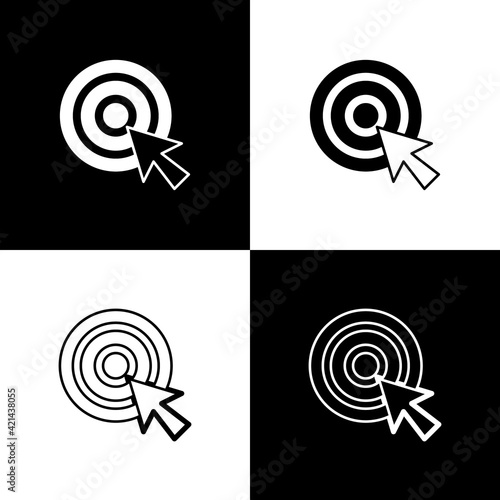 Set Target with arrow icon isolated on black and white background. Dart board sign. Archery board icon. Dartboard sign. Business goal concept. Vector