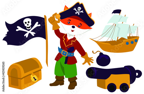 Collection in pirate style for a boy's birthday. The pirate fox has found the treasure in cartoon style. Pirate flag, treasure chest, pirate ship, cannon. Isolate on a white background.
