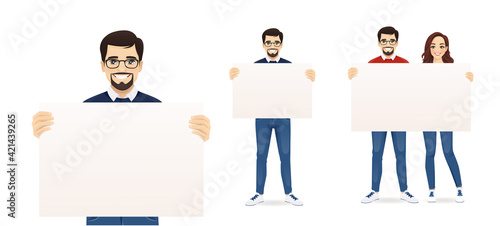 Casual business man and woman with board