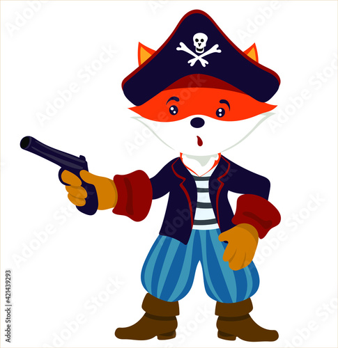 Cute fox pirate with a pistol. Pirate fox cartoon style. isolate on white background. Print for T-shirts, sweaters