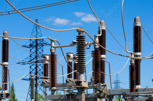 Electrical substation. Industrial equipment. Insulators, switches, cable