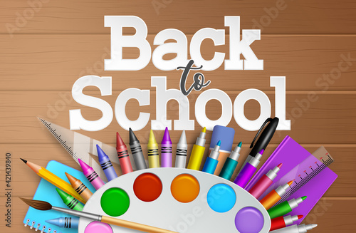 Back to school vector banner background. Back to school text with coloring and painting education elements like paint, crayons and color pen for art educational design. Vector illustration
