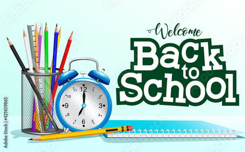 Back to school vector banner template. Welcome back to school text with education items like pens, notebook and alarm clock elements for study decoration design. Vector illustration
