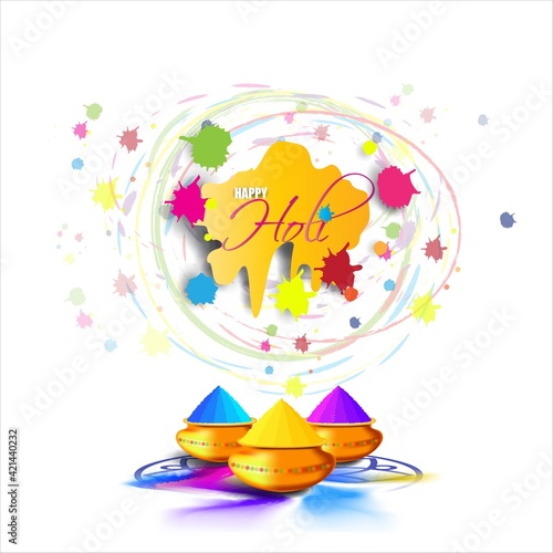 Vector illustration concept of Happy Holi greeting with holi elements on colorful background. The festival of colors. Popular Hindu festival.