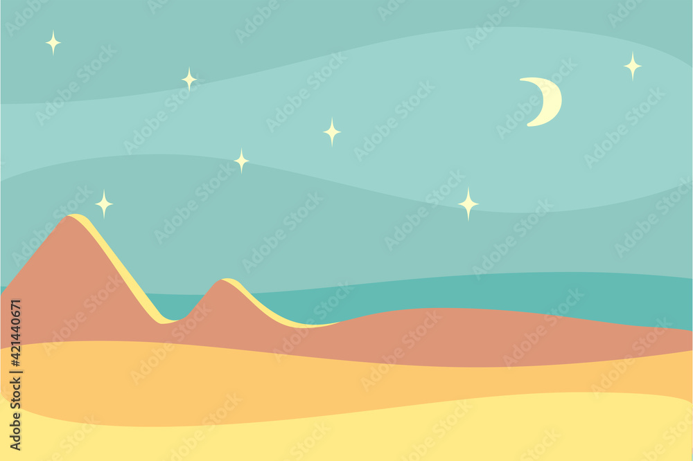 Vector flat illustration : night desert. Foggy dark sky , moon and stars. Deep blue horizon, warm beige sand, dune or mountaines with spots of moonlight. Design for card, poster, interior picture. Vector flat illustration : night desert. Foggy dark sky , moon and stars. Deep blue horizon, warm beige sand, dune or mountaines with spots of moonlight. Design for card, poster, interior picture.