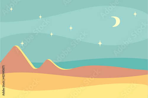 Vector flat illustration : night desert. Foggy dark sky , moon and stars. Deep blue horizon, warm beige sand, dune or mountaines with spots of moonlight. Design for card, poster, interior picture.