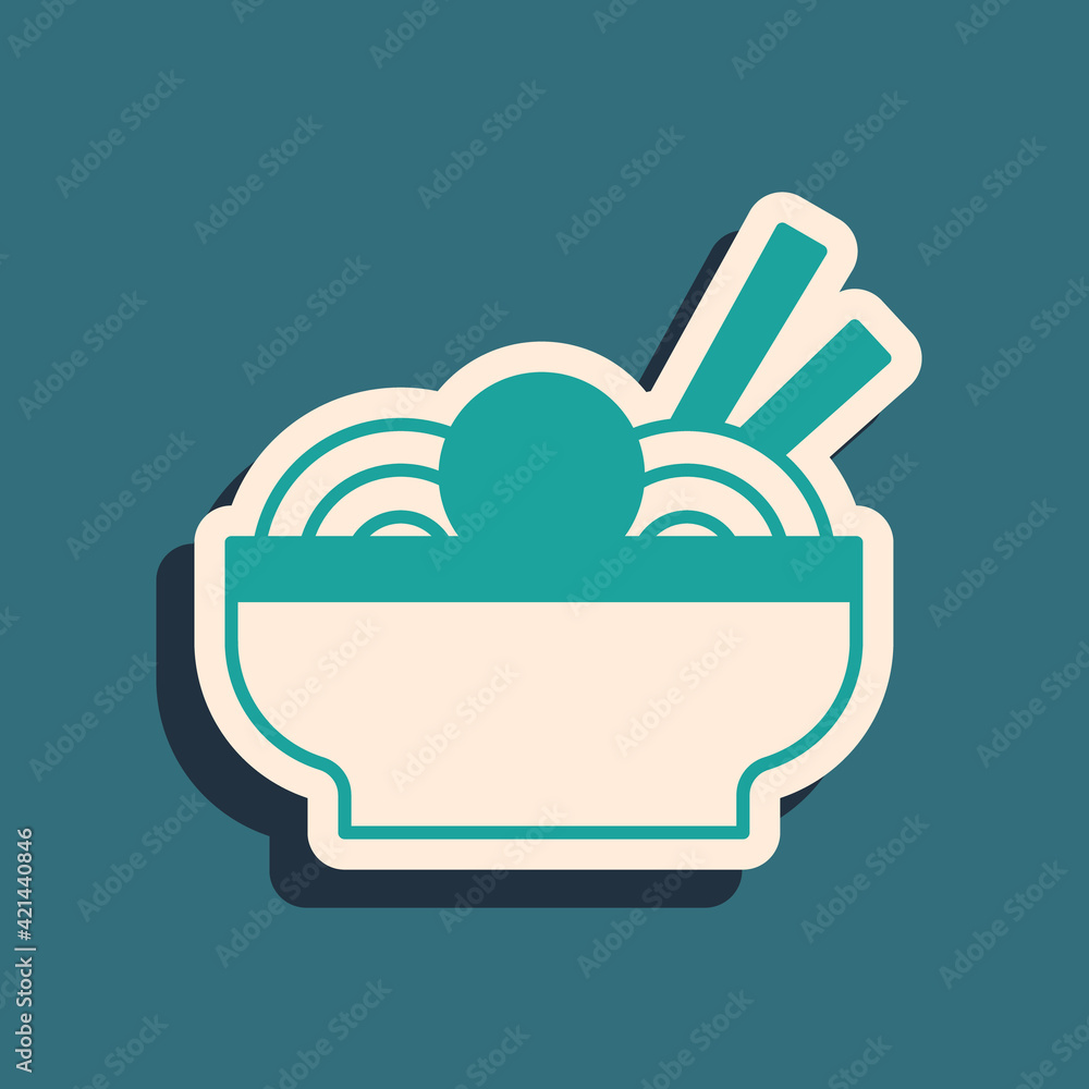 Green Asian noodles in bowl and chopsticks icon isolated on green background. Street fast food. Korean, Japanese, Chinese food. Long shadow style. Vector Green Asian noodles in bowl and chopsticks icon isolated on green background. Street fast food. Korean, Japanese, Chinese food. Long shadow style. Vector
