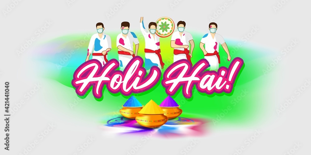Obraz premium Vector illustration concept of Happy Holi greeting with holi elements on colorful background. The festival of colors. Popular Hindu festival.