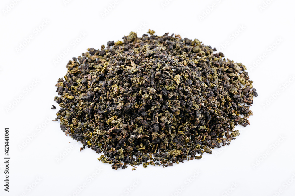 Green tea with jasmine on white background. Top view. Close up. High resolution Green tea with jasmine on white background. Top view. Close up. High resolution