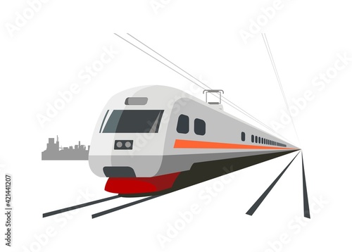 Fast train runs on the double track. Industrial area silhouette background. Simple flat illustration.