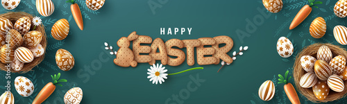Easter poster and banner template with golden Easter eggs in the nest and Font of cracker biscuits on blackboard.Greetings and presents for Easter Day in flat lay styling.Banner template for Easter