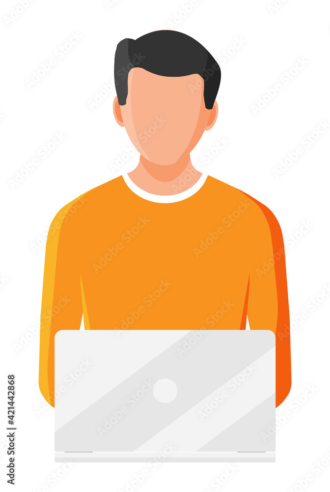 Freelancer boy works at home. Female character with notebook computer. Young man with laptop. Remote work online education, social media and seo. Flat vector illustration