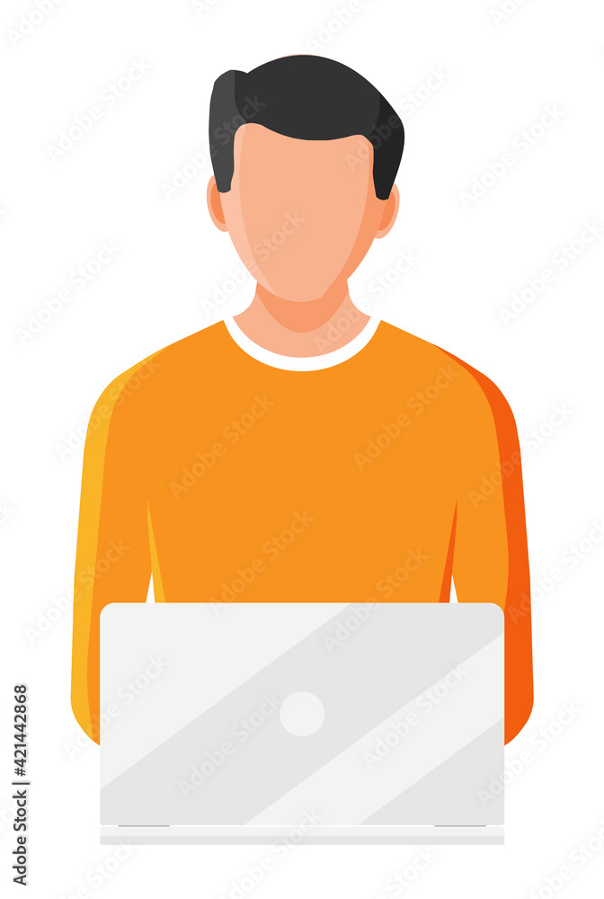 Freelancer boy works at home. Female character with notebook computer. Young man with laptop. Remote work online education, social media and seo. Flat vector illustration Freelancer boy works at home. Female character with notebook computer. Young man with laptop. Remote work online education, social media and seo. Flat vector illustration
