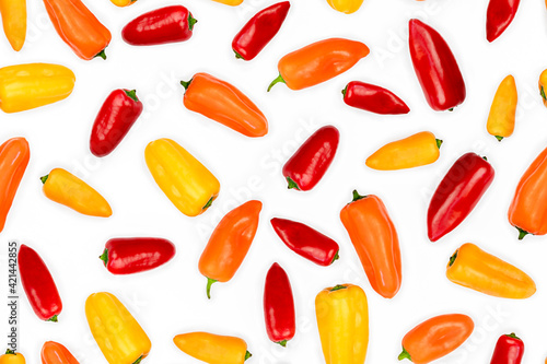 Color peppers isolated on white background. Food seamless pattern.
