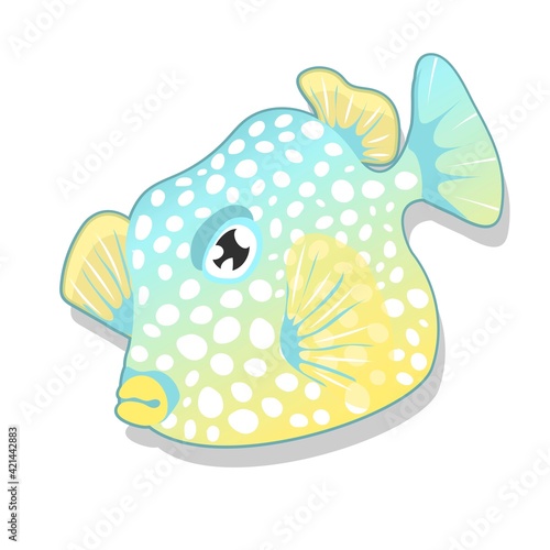Cute blue-yellow fish isolated on white background. Vector illustration. Sea animals, underwater  wild life. Childish clothes design. Baby educate. 