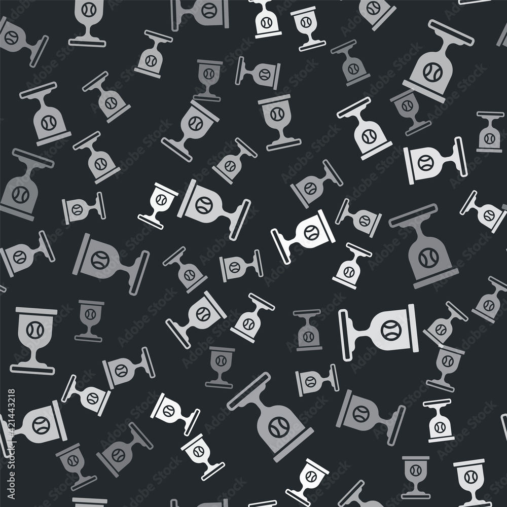 Grey Award cup with baseball ball icon isolated seamless pattern on black background. Winner trophy symbol. Championship or competition trophy. Sports achievement. Vector Grey Award cup with baseball ball icon isolated seamless pattern on black background. Winner trophy symbol. Championship or competition trophy. Sports achievement. Vector
