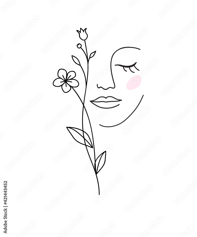 One line drawing. Abstract beautiful girl with flower. Female beauty icon. Natural cosmetics concept. Vector illustration	