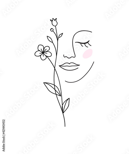 One line drawing. Abstract beautiful girl with flower. Female beauty icon. Natural cosmetics concept. Vector illustration	