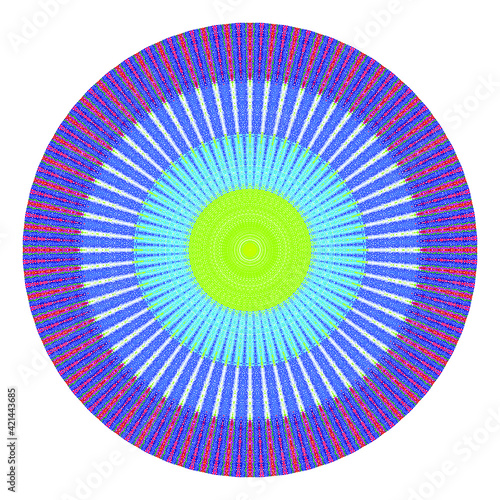 Creative multicolored points round symbol. Abstract symmetrical logo. Mosaic colorful beautiful beads. Circle dots modern pixel floral art icon. Colored pattern ornament wheel decorative illustration.