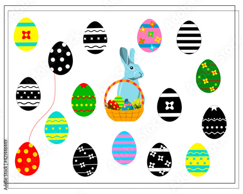 Find the right shadow, connect it with a line. Easter eggs. a puzzle game for kids. Easter bunny, basket. Vector isolated on a white background