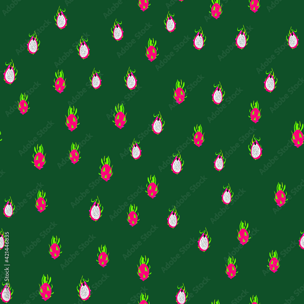 Seamless exotic pattern of bright and juicy dragon fruit for colorful fabrics.