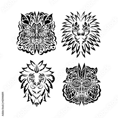 Lion tattoo set. Lion face in Mayan style. Exclusive style. Vector illustrator.